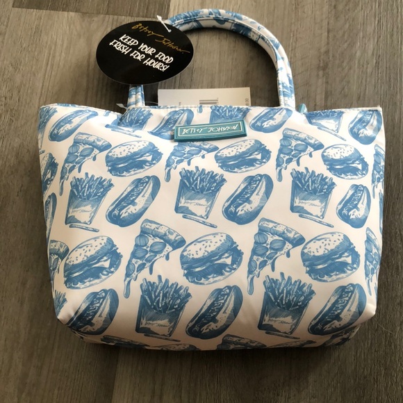 Betsey Johnson Insulated Satchel Lunch Tote White & Blue Fast Food Print NWT - Picture 2 of 16